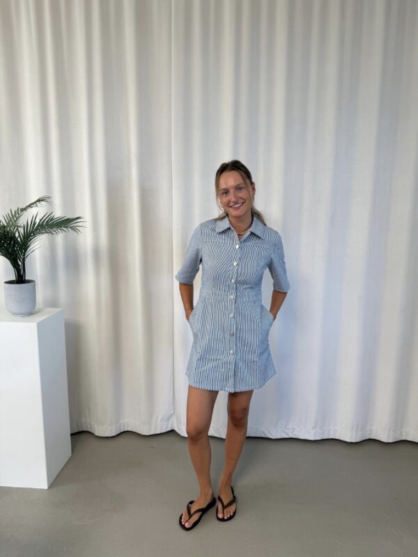 Clara Denim Kjole med stribet look, Blå & Hvid